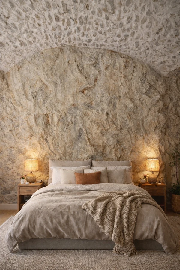 Décor mural rocher et mur imitation roche – aménagement chambre troglodyte à Menton